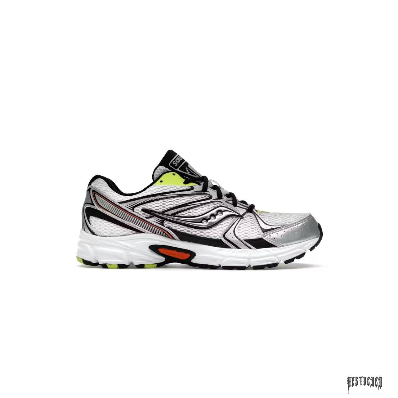 Saucony Grid Ride Millennium sneaker, white mesh with silver and black overlays, neon yellow accents.