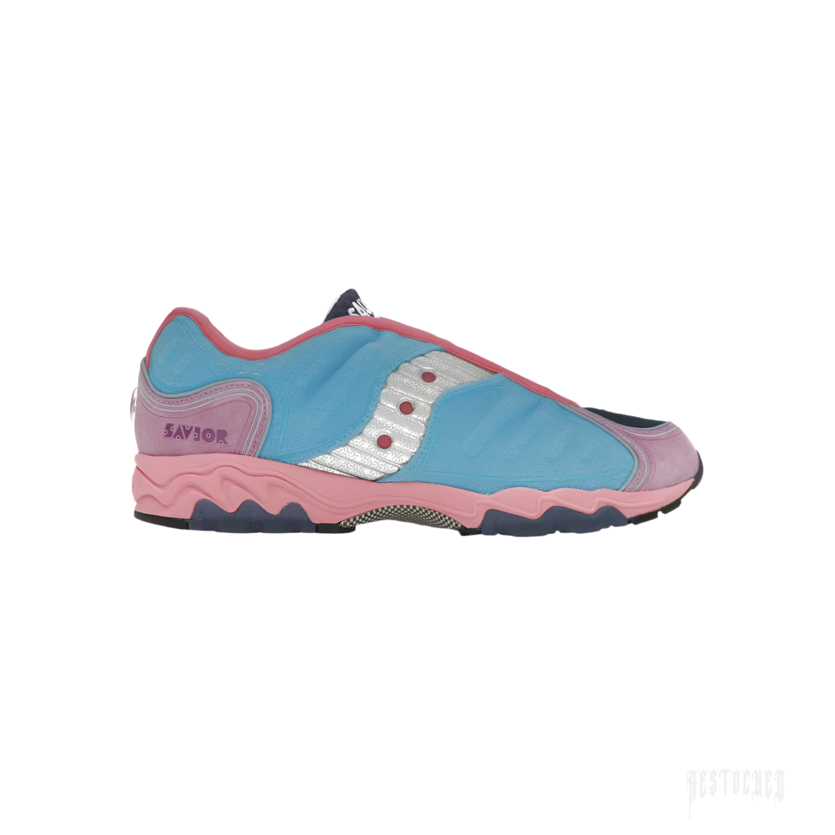 Saucony Matrix Jae Tips "No Shoes In The House" sneaker in blue and pink with silver accents.