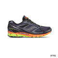 Saucony ProGrid Guide 7 running shoe in black and gray mesh with neon yellow and orange sole accents.