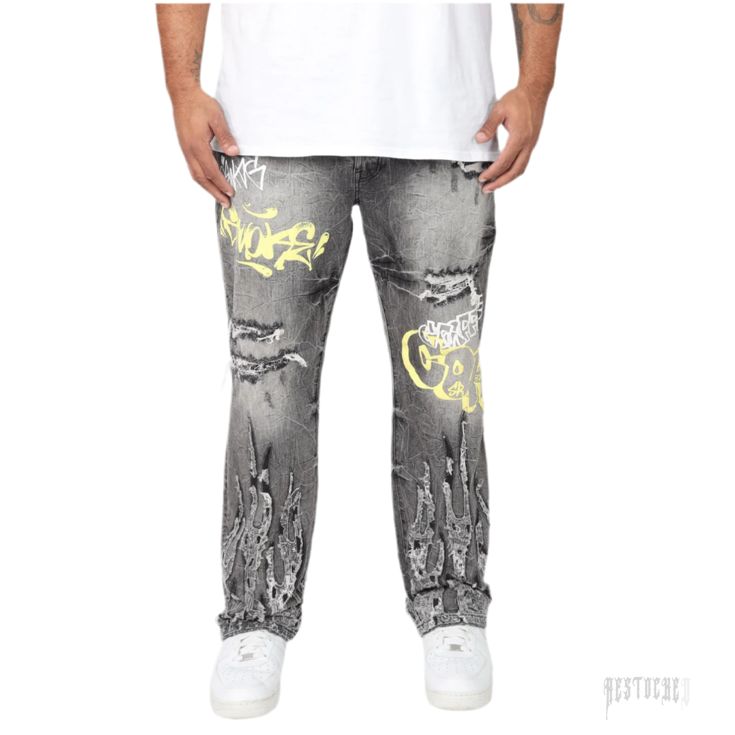 SMOKE RISE DYSTOPIA JEAN: Distressed dark gray denim jeans with yellow graffiti and flame designs.