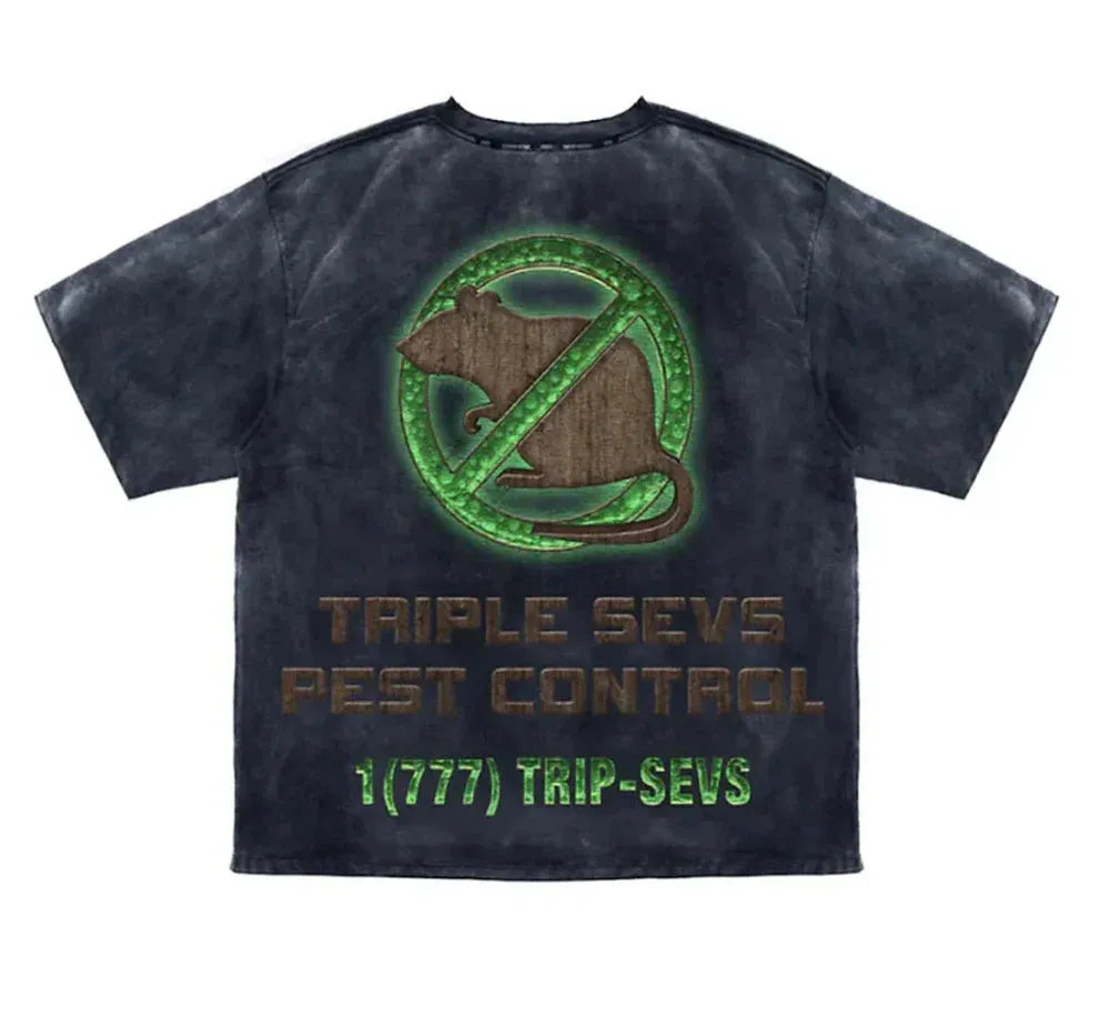 Black washed cotton TRIPLE SEVENS PEST CONTROL TEE with green "no rat" graphic and brown text.