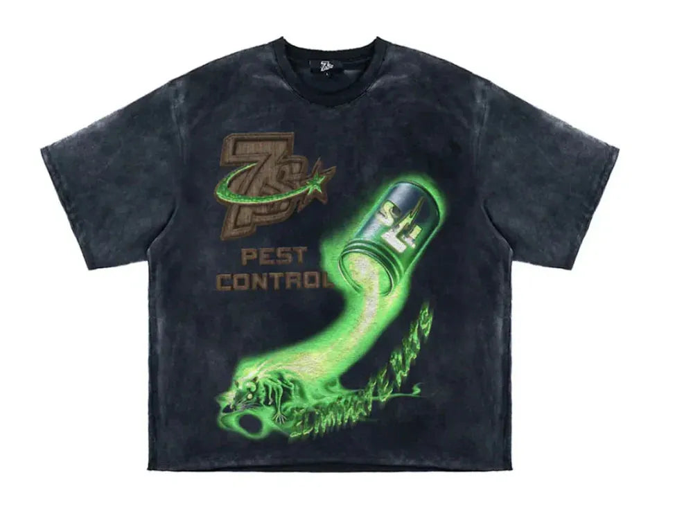 TRIPLE SEVENS PEST CONTROL TEE in washed black, featuring a green glowing rat and spray can graphic.